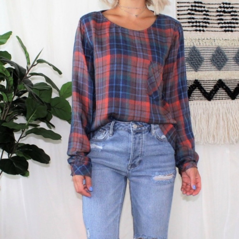 Anthro. Cloth & Stone Plaid Lace Up Pocket Shirt M